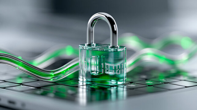 Close-up of a modern quantum-safe dashboard concept with emerald glass padlock and titanium wave icon, quantum security concept, glass padlock photography, cybersecurity