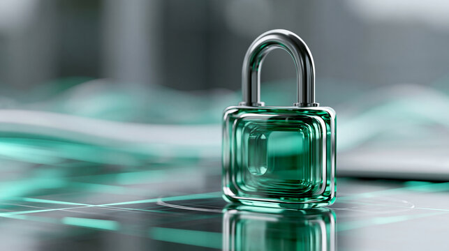 Close-up of a modern quantum-safe dashboard concept with emerald glass padlock and titanium wave icon, quantum security concept, glass padlock photography, cybersecurity