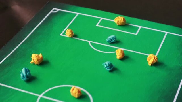Miniature soccer field with yellow and blue plasticine players on a green tactical board