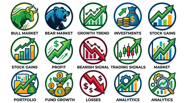 Stock market and financial trading signal icon set