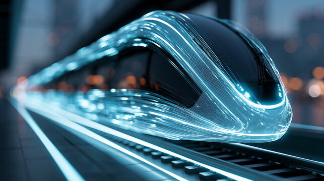 Close-up of a futuristic glowing digital train concept on illuminated tracks, transport technology concept, digital train photography, futuristic mobility visualization, defocused