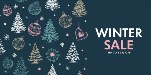 Obraz premium Winter sale, Christmas tree and ball set, Hand drawn illustration.