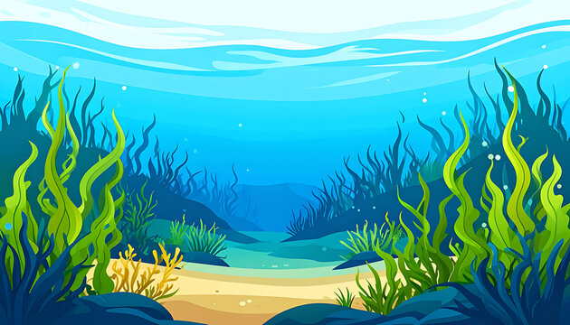 Pixel art underwater scene with vibrant kelp and coral on sandy seabed, sunlight filtering through clear blue ocean water