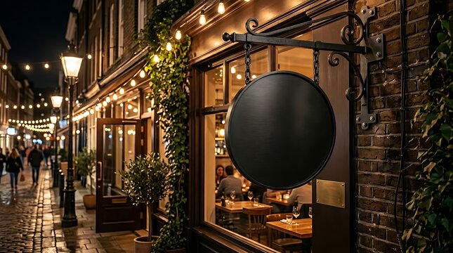 Storefront sign displays a blank circular panel suspended above a glowing restaurant entrance on a cobblestone street.