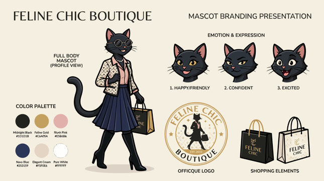Chic cat mascot with fashion accessories.