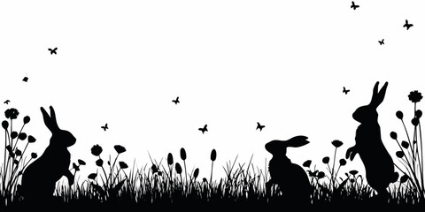 Bunny Silhouette Scene With Grass And Flying Insects White Background © krishna