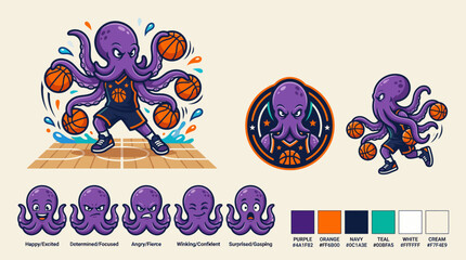 Cartoon octopus playing basketball with multiple arms. © creative
