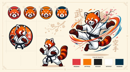 Illustration of red panda practicing martial arts. © creative