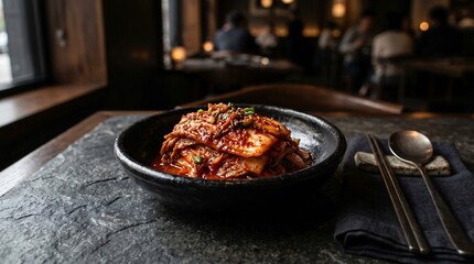 Fototapeta premium Traditional Korean Kimchi Appetizer Served in a Modern Restaurant, Showcasing a Bowl of Spicy Fermented Cabbage Dish on a Stone Table Ready for Dining