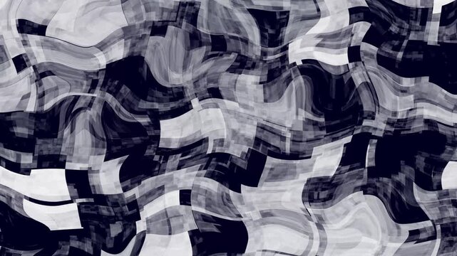 Abstract black, white and gray wavy pattern with layered curved shapes and a painted texture, useful as a modern background or artistic design