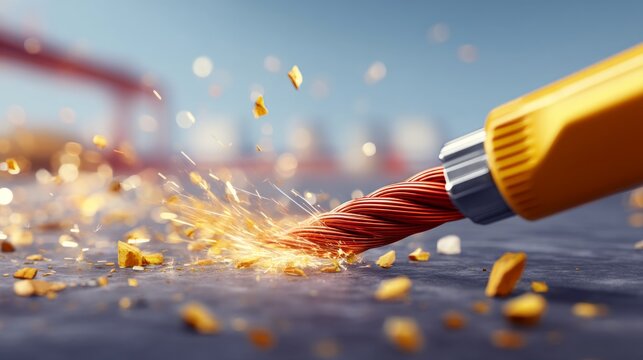 Close-up of electrical wire cutting through insulation with sparks flying