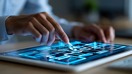 Naklejka premium Close-up of hands drawing a policy flowchart on a digital tablet with blockchain overlay, blockchain policy concept, flowchart tablet photography, digital governance
