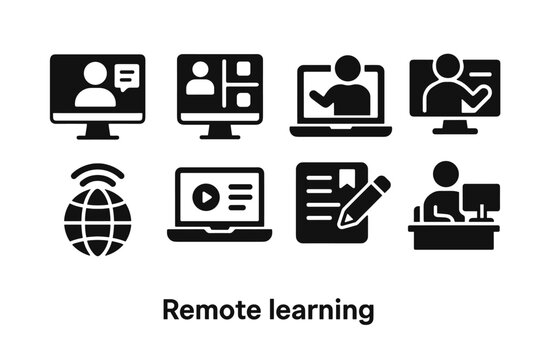 Remote Learning Icons. Remote learning. Filled icon set of Remote learning: online class, video call screen,