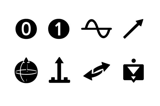 Qubit States Icons. Qubit States. Filled icon set of Qubit States: zero state, one state, superposition curve,