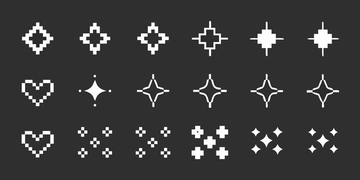 Pixel art collection of retro 8 bit heart star and cross shapes