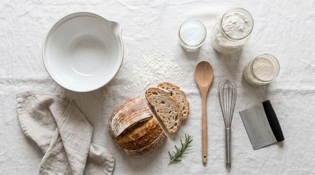 Artisanal bread ingredients on rustic table with baking tools