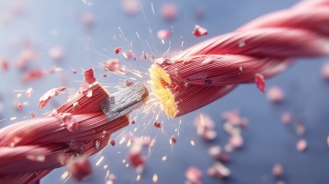 Close-up of Frayed Red-and-Yellow Twisted Rope with Sparks Explosion