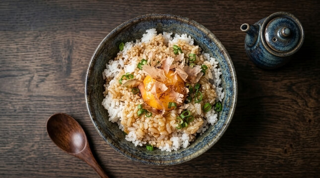 Macro Close-up of Golden Tamago Kake Gohan (TKG) with Bonito and Scallions