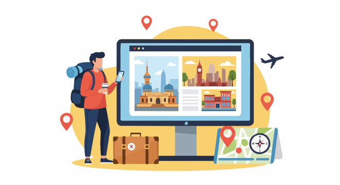 Man planning travel on computer screen.