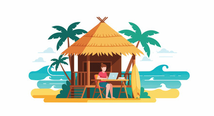 Obraz premium Man working on laptop at beach hut.