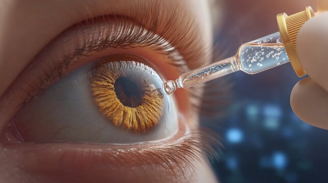 Close-up of an eye with eye drop dropper releasing liquid for eye care
