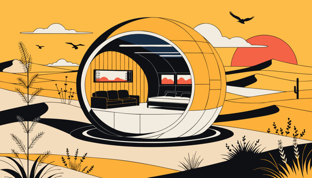 Very beautiful egg-shaped luxury capsule villa nestled among desert dunes with soft sunset glow, elegant interiors, and futuristic eco-friendly architecture in premium vector illustration style.