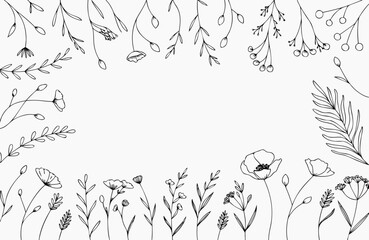 Naklejka premium Delicate botanical elements arranged in a natural border with floral accents isolated on white background