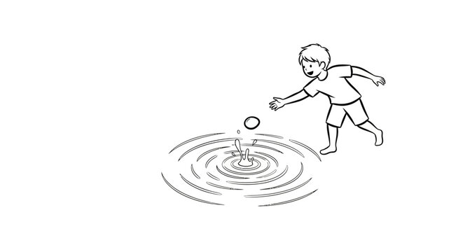 Child playing with bouncing ball and water ripples.