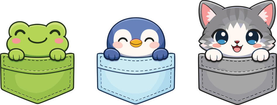 Cute pocket animal illustrations with frog, penguin, and cat in kawaii style