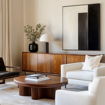 Scandinavian home interior design of modern living room. White and black armchairs near wooden sideboard, cabinet.