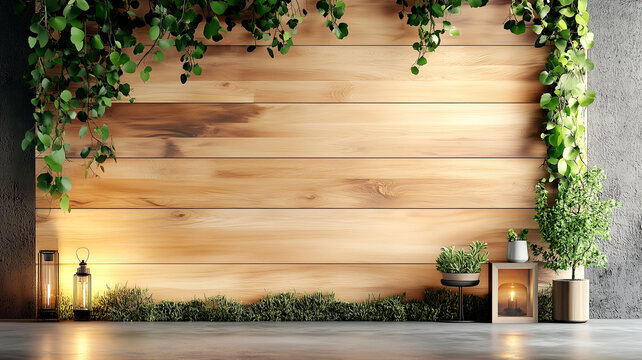 Wooden paneling wall with greenery background. Eco style home interior design of modern living room.