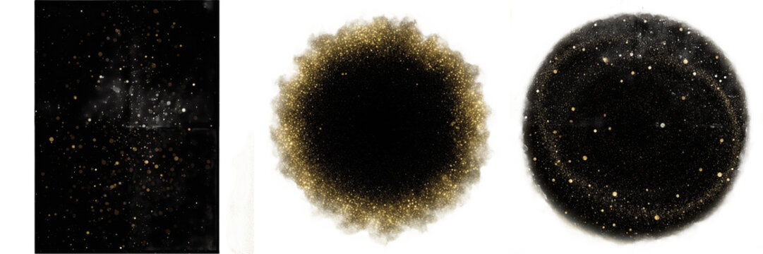 Set of three abstract black ink and glitter textures, dark ethereal cosmic dust and ink blot splatter patterns isolated on transparent background, professional graphic design elements for artistic pro