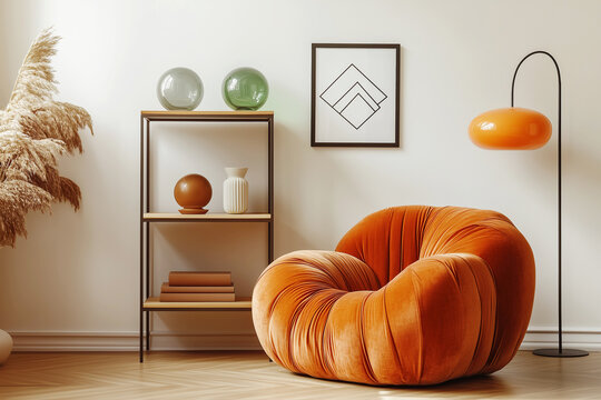 Orange velvet chair near shelf. Minimalist, japandi stylish home interior design of modern living room.