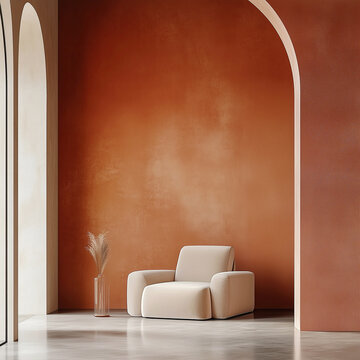 Beige armchair against stucco terra cotta arch wall. Minimalist, japandi style home interior design of modern living room.