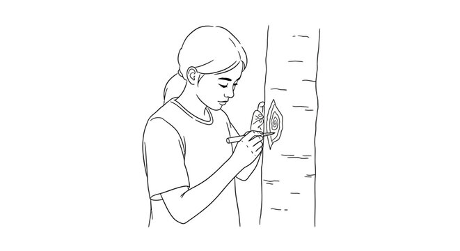 Young girl measuring tree trunk width outdoors carefully.