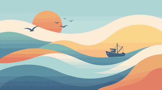 Abstract minimalist landscape illustration featuring a boat sailing on wavy hills under a setting sun with seagulls in a soft pastel sky