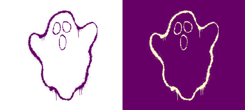 Ghost creep doodle graphic displaying spooky floating phantom halloween ghoul character on purple background for alternative youth culture streetwear clothing brand apparel merchandise clip art.