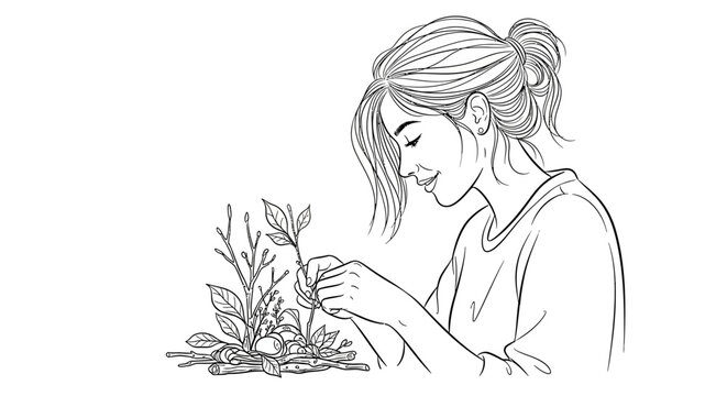 Woman carefully tending to small potted green plant indoors.