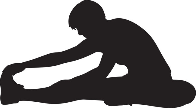 Athletic person silhouette stretching leg on floor isolated on white background, fitness workout vector illustration, hamstring stretch exercise graphic icon.