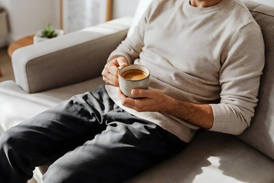 Faceless Man in Cozy Sweater Holding Coffee Mug on Sofa at Home