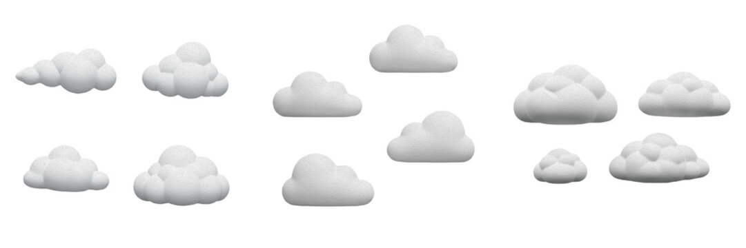 Set of ten fluffy white cloud icons, 3D soft cartoon weather elements for digital sky scenes and atmosphere design, isolated on transparent background, professional graphic assets for web and game dev
