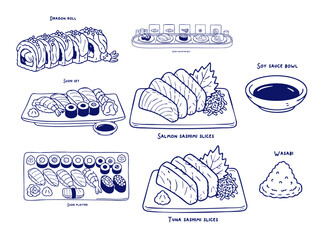 Hand Drawn Sushi Types and Japanese Food Doodle Illustration Collection © olya