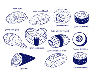Hand Drawn Sushi Types and Japanese Food Doodle Illustration Collection © olya