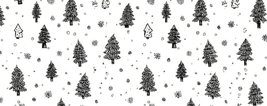 A charming hand-drawn pattern of coniferous trees and snowflakes