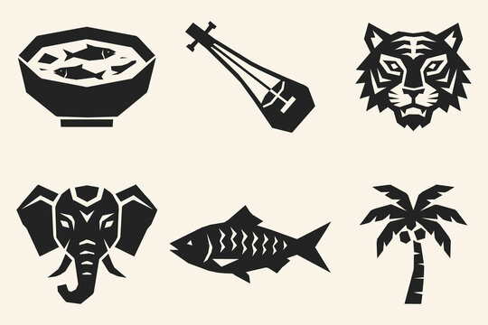 Bangladesh Cultural Symbols Vector Icon Set with Tiger Elephant Fish and Traditional Instrument
