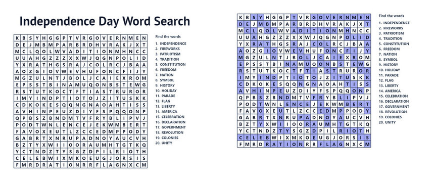 Independence Day Fillword Word Seek Puzzle Sheet