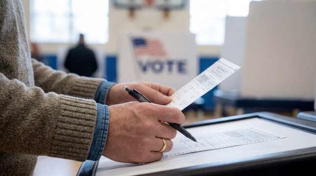 voting ballot pen election hands warm routine lifestyle concept detail warm angle highlights everyday routine and practical visual appeal hands marking ballot near polling place show civic