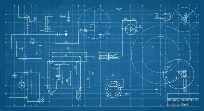 Blueprint technical drawing with various mechanical components and measurements.