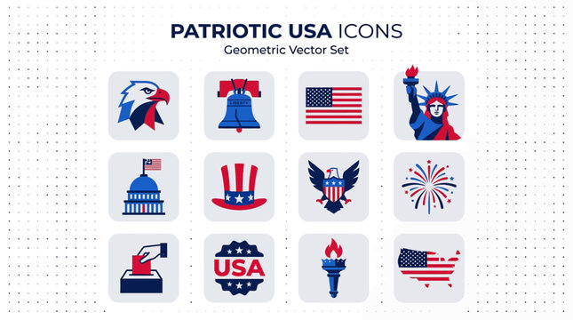 Geometric vector icons celebrating American patriotism and national identity, featuring symbols like the bald eagle, USA flag, Liberty Bell, and Capitol Building