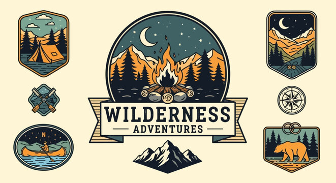 Retro outdoor adventure badges featuring mountains tents and forests